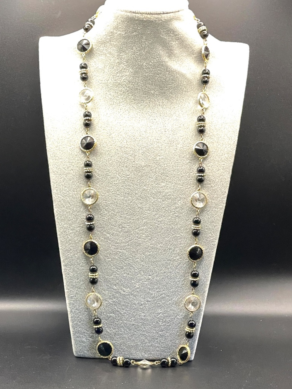 Black and Clear Glass Crystal Gold Tone Link Stations Necklace